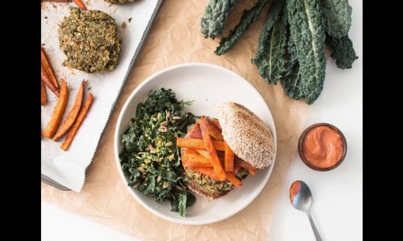 Embedded thumbnail for Kale-Chickpea Burgers with Sweet Potato Fries